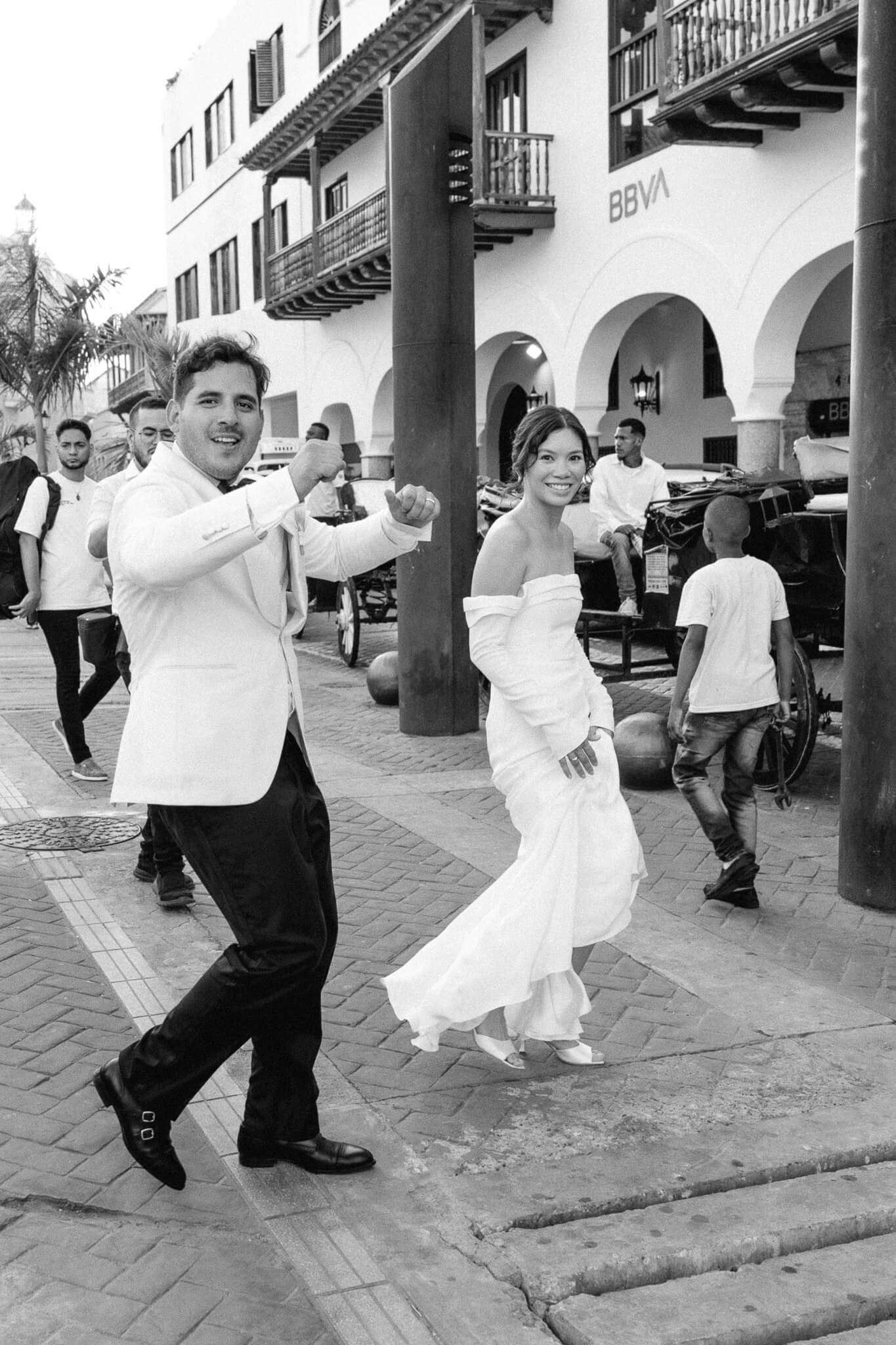Cartagena Wedding Photography candid moment while walking through cartagena streets